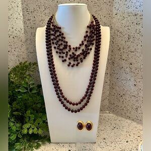 Burgundy red bead necklaces and earring set